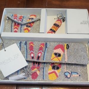 Rachel Zoe Silver Beaded Clutch and Key Holder with Multicolor Beadwork